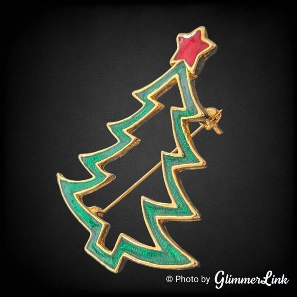 Vintage AAI Openwork Enamel Holiday Christmas Tree Unisex Gold Tone Brooch - Picture 3 of 7